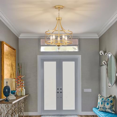 5-Light Gold Metal Pendant Chandelier, 15.2"