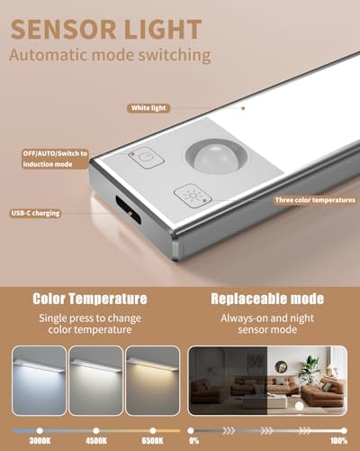 8-Inch Rechargeable Motion Sensor Under Cabinet Lights, 3 Pack