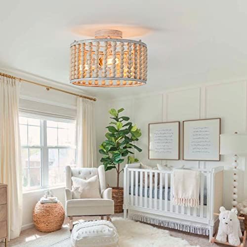 tewei Wood Beaded Boho Chandelier, Oak White
