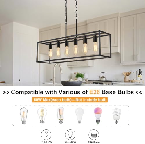 6-Light Black Linear Chandelier, Adjustable Height