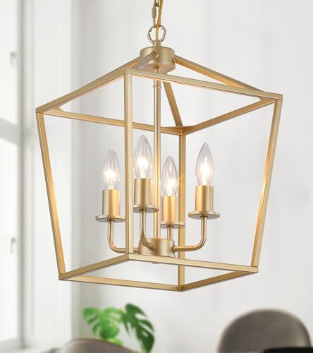 Industrial 4-Light Chandelier, Gold Metal Cage