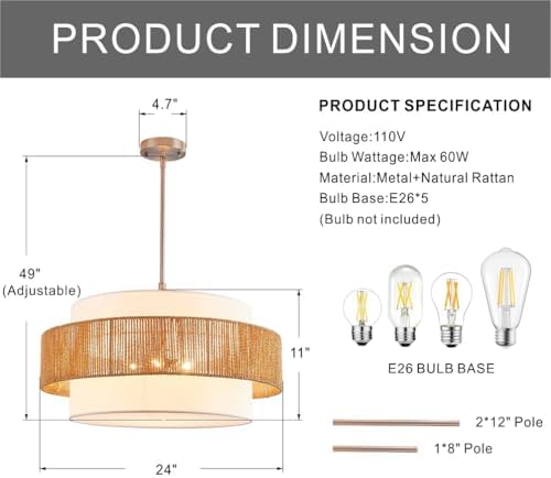 24'' Rattan Large Drum Chandeliers,5 Light Boho Pendant Light
