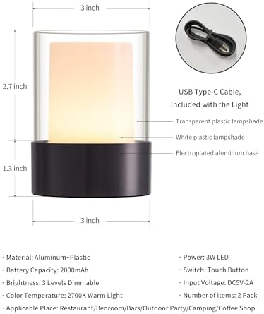 4" Black Cordless Table Lamps Set of 2, Rechargeable