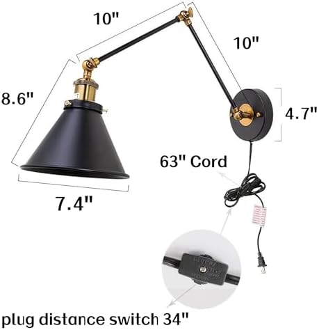 LALUZ Black Swing Arm Wall Sconces, 2 Pack