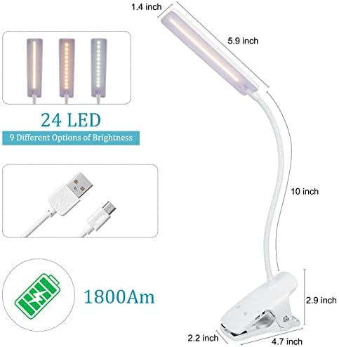 USB Rechargeable LED Reading Light with Clip, 24 LEDs