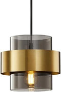 Mid-Century Gold Drum Glass Pendant Light, Amber Smoke Grey