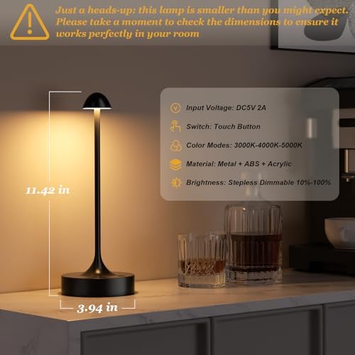 Cordless Rechargeable Table Lamp, Black, 2 Pack