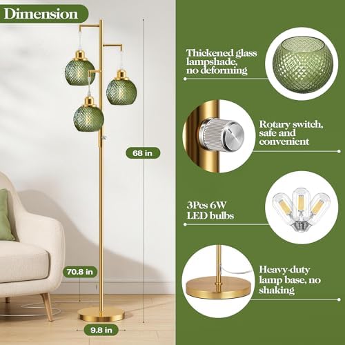 Modern Glass Floor Lamp, 3-Light Standing Lamp, Green