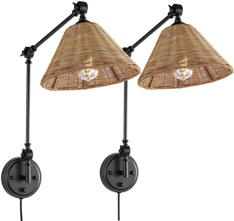 WINGBO Rattan Swing Arm Wall Sconce, Black, 2 Pack