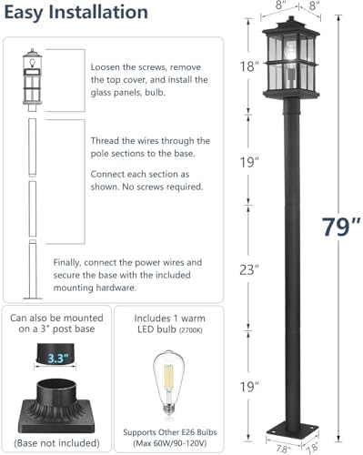 79′′ Outdoor Lamp Post Light with Warm Bulb, Aluminum IP54 Waterproof