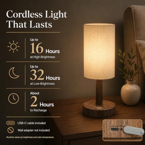 Small Rechargeable Cordless Table Lamp, Dark Walnut