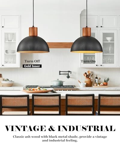 ELYONA 12" Ash Wood Pendant Light, Black Metal