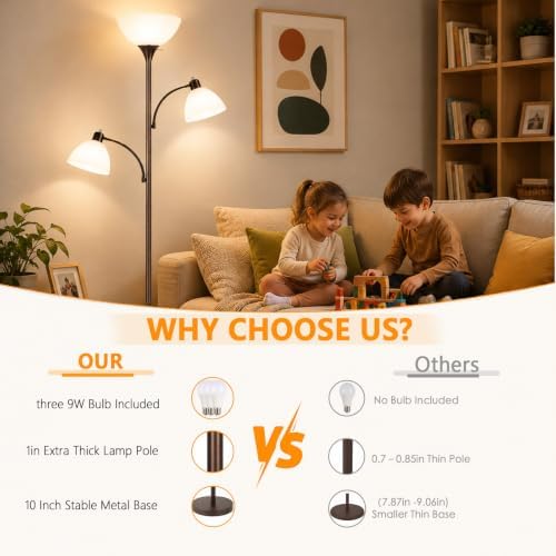 3-Head Torchiere Floor Lamp with 2 Reading Lamps, Brown