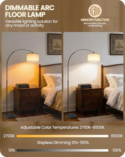 75" Dimmable Arc Floor Lamp with Marble Base, Beige