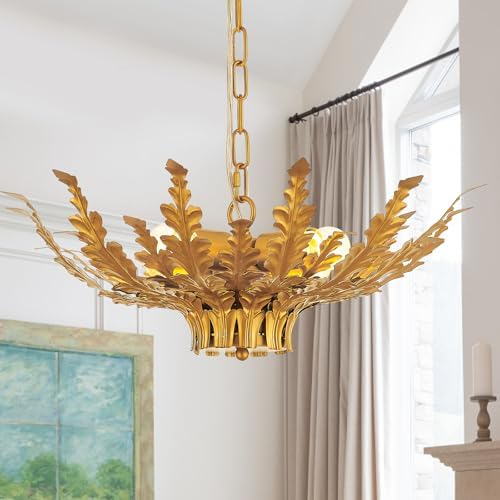 22” Modern Brass Chandelier, Gold Leaf