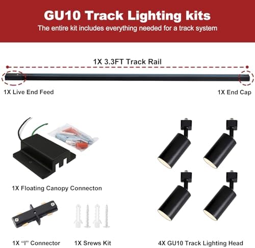 4-Light LED Track Lighting Kit with 3.3FT H Type Track Lighting Rails