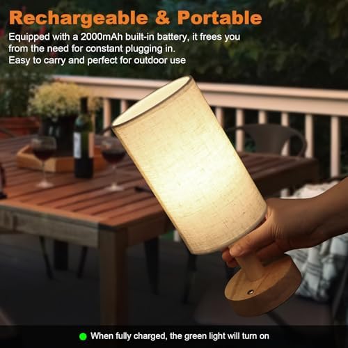 Rechargeable Cordless Touch Table Lamp, Natural Wood Base