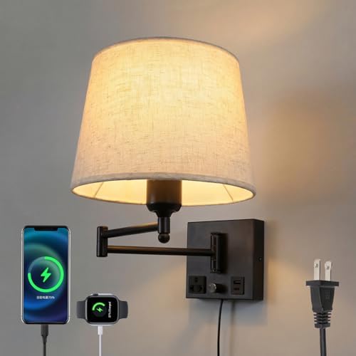 Swing Arm Wall Sconce with Linen Shade and USB Charging Ports