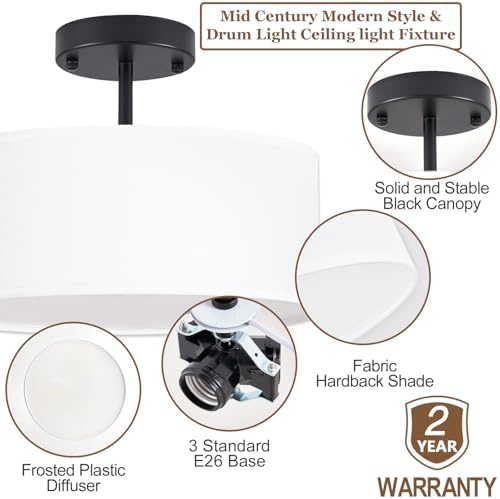 Bargeni 13" Black Drum Semi Flush Mount Ceiling Light