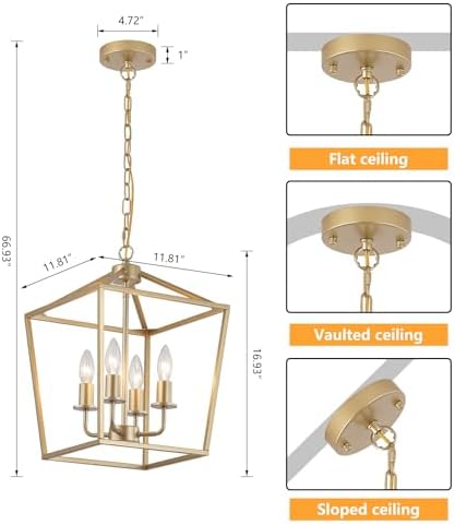 Industrial 4-Light Chandelier, Gold Metal Cage