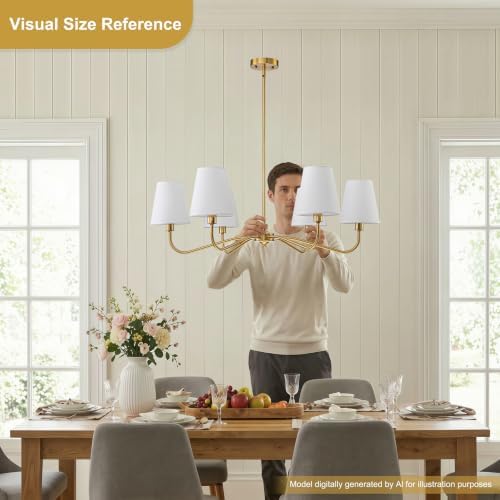Brass Gold 6-Light Chandelier with Fabric Shade