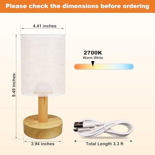 Small Cordless Rechargeable Table Lamp, Natural Wood Base