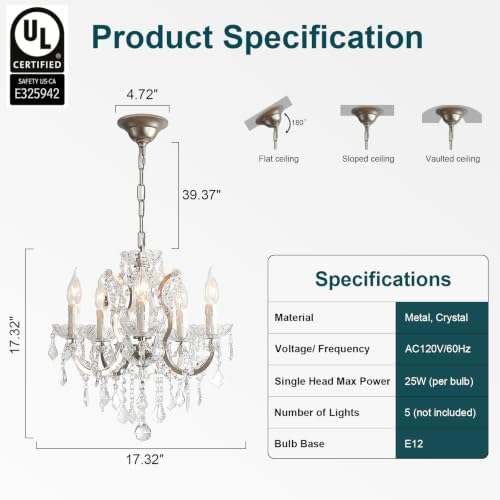 17" Brushed Nickel 5-Light Crystal Chandelier
