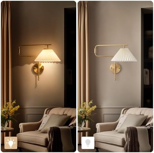 Gold Swing Arm Wall Sconces, Set of 2, Pleated Shade