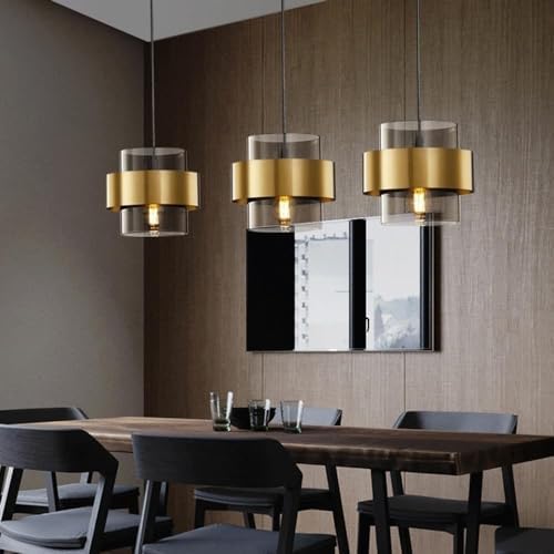 Mid-Century Gold Drum Glass Pendant Light, Amber Smoke Grey
