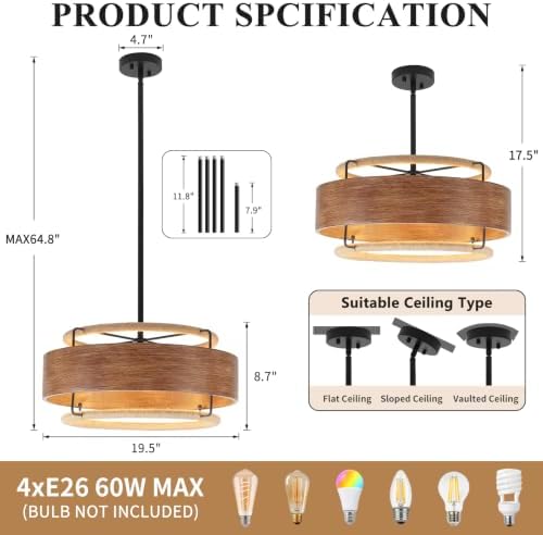 19.5" Farmhouse Rattan Chandelier, 4-Light