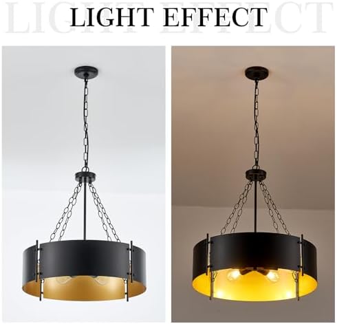 6-Light Black and Gold Drum Chandelier, 23.72"