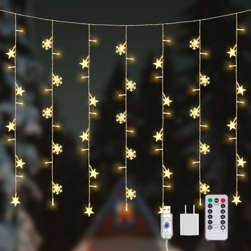 Newhale Christmas Curtain Lights, Snowflake and Star, Warm White