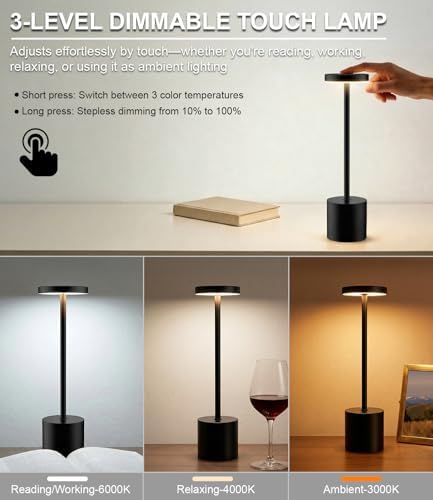 Cordless Table Lamp Set of 2, Rechargeable, Black