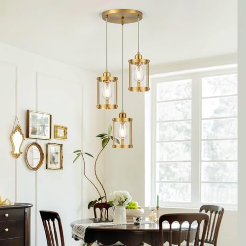 Brushed Gold 3-Light Cluster Pendant Chandelier, Clear Glass