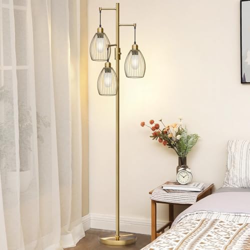 Dimmable Floor Lamp, 3 x 800LM LED Bulbs, Brass