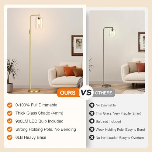 Dimmable Gold Glass Floor Lamp with LED Bulb