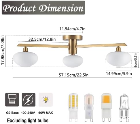 22.5" Gold 3-Light Mid-Century Semi Flush Mount Ceiling Light