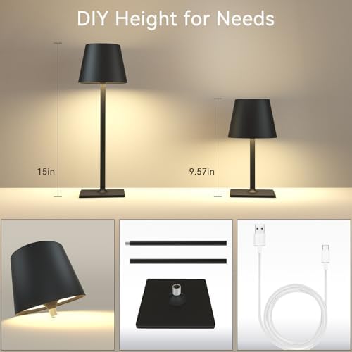 Yogaret Black Cordless Rechargeable Table Lamps, 2 Pack