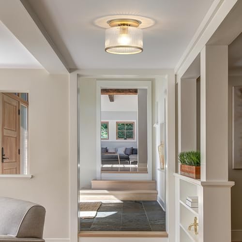 Zlepmlla Ribbed Glass Semi Flush Mount Ceiling Light, Gold