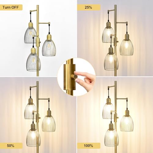 Dimmable Floor Lamp, 3 x 800LM LED Bulbs, Brass