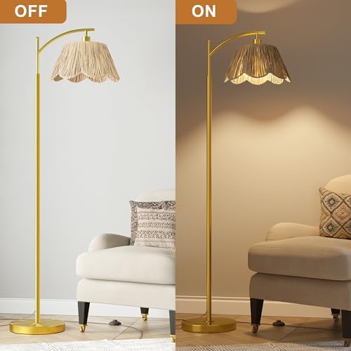 Oneach Arc Floor Lamp, Rattan Boho Shade, Gold Base