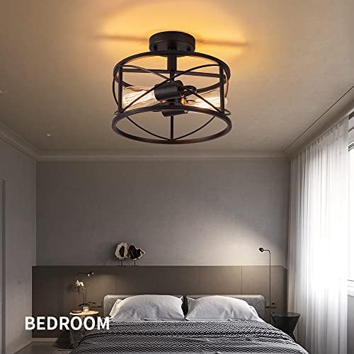 2-Light Black Metal Cage Semi Flush Mount Ceiling Light