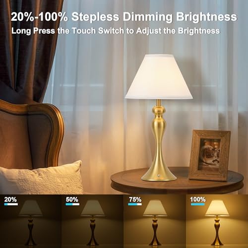 Cordless Rechargeable Table Lamp, Fabric Shade, Brass