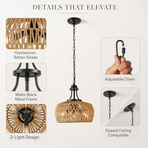 12.6-Inch 3-Light Rattan Chandelier