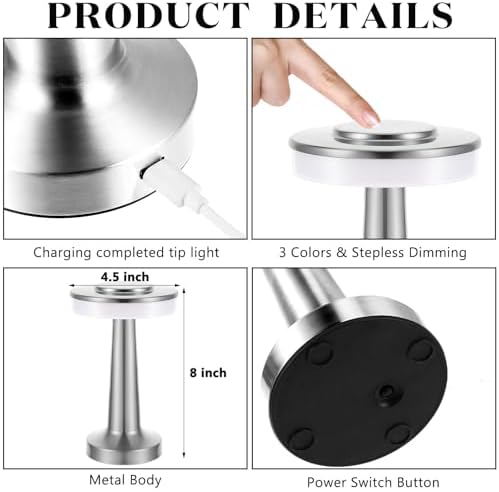Riakrum 2 Pcs LED Cordless Rechargeable Table Lamps, Silver
