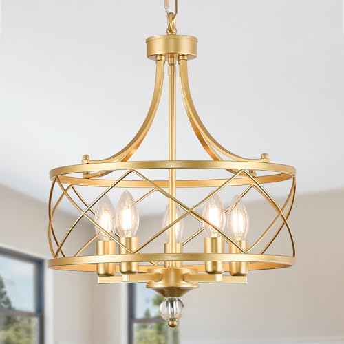 5-Light Gold Metal Pendant Chandelier, 15.2"
