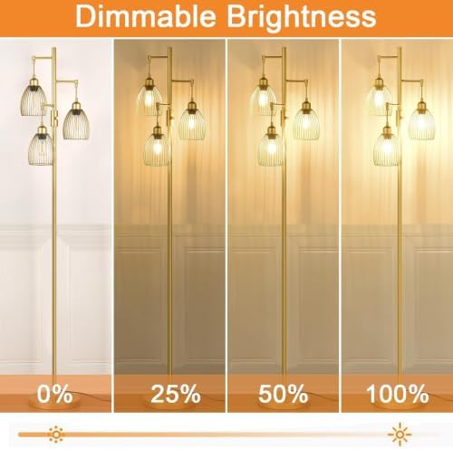 Dimmable Industrial Floor Lamp, Gold, 3-Light Teardrop Cage