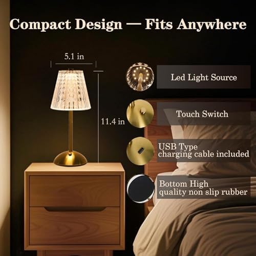2 Pcs Rechargeable Cordless Table Lamps, Touch Dimming