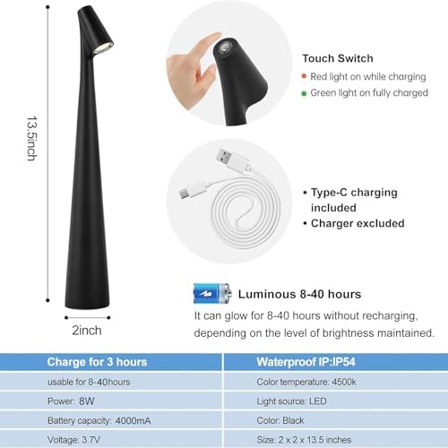 Black Set of 2 Cordless Table Lamps, Rechargeable