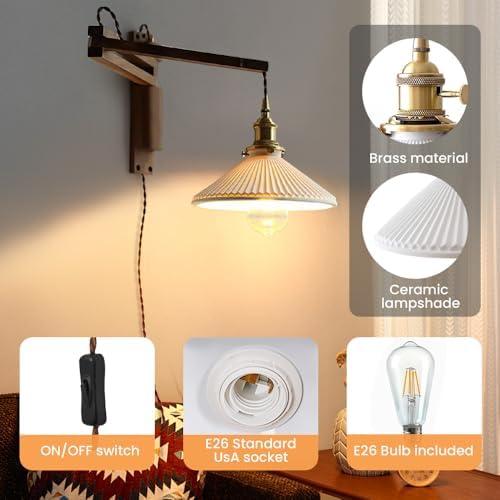 Walnut Plug-in Swing Arm Wall Sconce with Ceramic Shade
